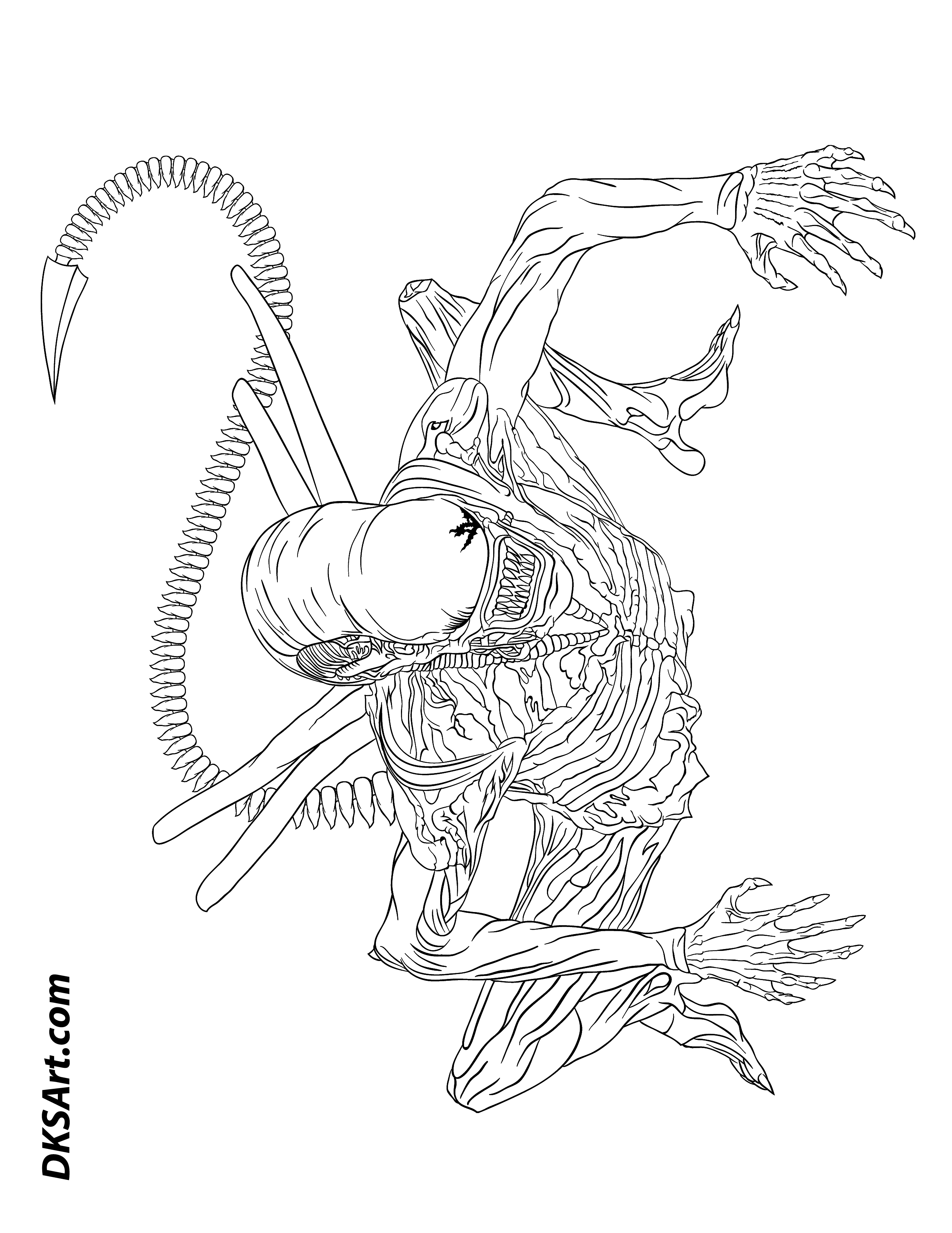 Download Xenomorph Alien Line Art Outline Free Coloring Book Page