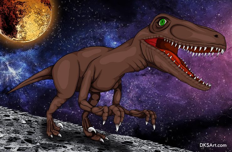 Velociraptor dinosaur standing on a planet in outer space