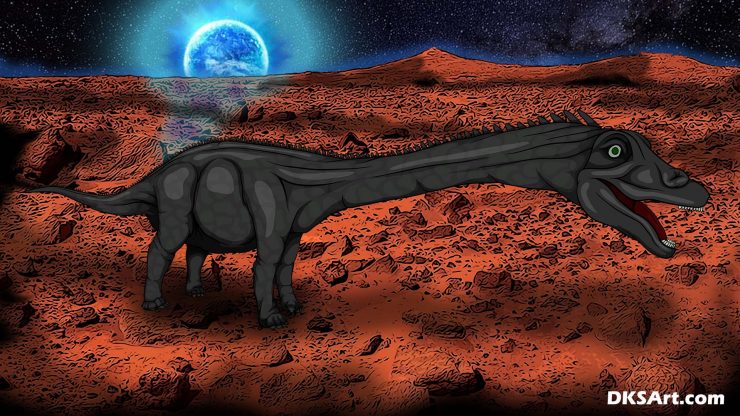 Diplodocus dinosaur standing on planet Mars digital art drawing