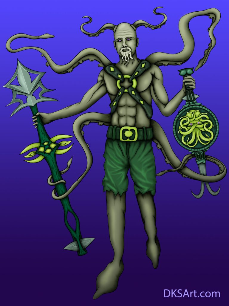Digital drawing of half squid half man mutant character design