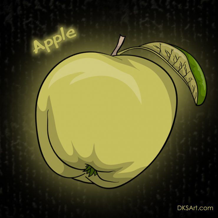 Digital illustration of an apple fruit with a leaf on it