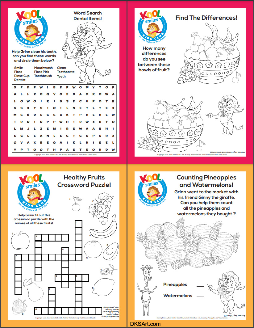 Crossword Puzzle Activity Worksheets 13 to 16 for Kool Smiles Kids Club